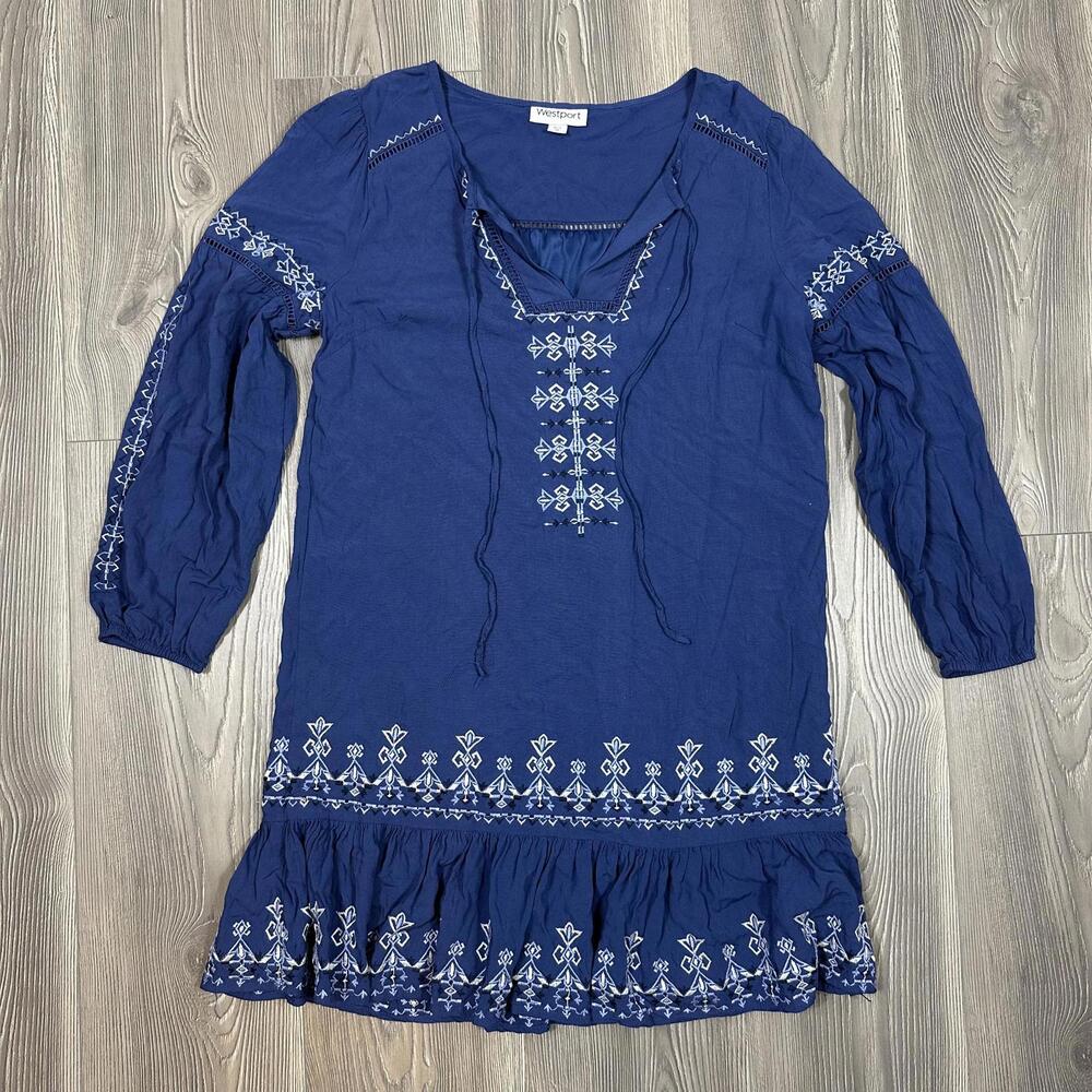 Westport Blue Boho Dress with Embroidered Details and Ruffle Hem